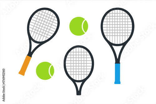 Collection of tennis rackets and bright green tennis balls in a flat style