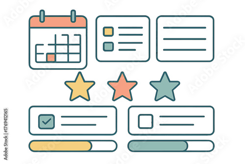 User interface elements collection for scheduling, task management, rating, and progress tracking