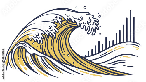 Majestic ocean wave cresting with artistic flair, powerful tsunami illustration, embodying strength and movement, perfect for branding or creative projects