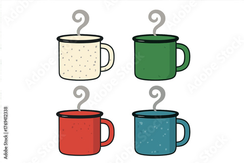 Four colorful enamel camping mugs with hot steaming drinks on a white background