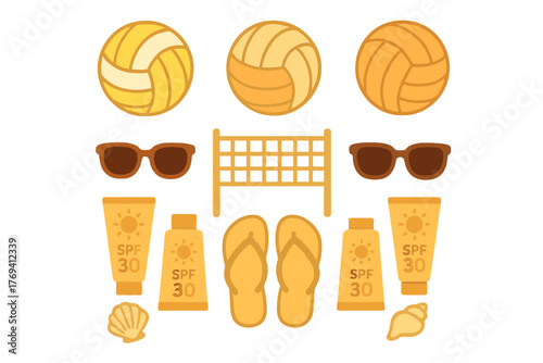 Summer beach volleyball equipment and vacation essentials set with sunscreen, sunglasses, and flip flops