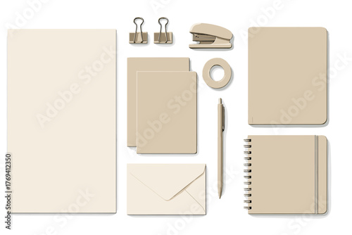 Minimalist beige corporate identity stationery set mockup with various office supplies on white background