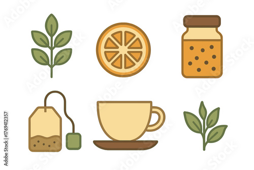 Cozy ingredients and accessories for hot tea including citrus, honey, and teacups