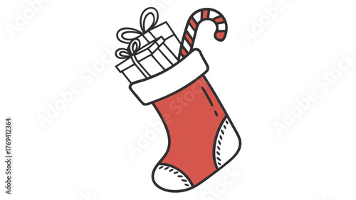 Festive Christmas stocking overflowing with delightful gifts and a candy cane, perfect for holiday cards and seasonal cheer, originally a scalable graphic