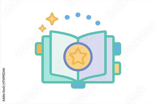 Golden star medal badge floating above an open book with magical sparkles and dots