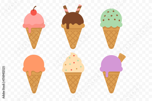 Six colorful scoops of melting ice cream in waffle cones with various toppings
