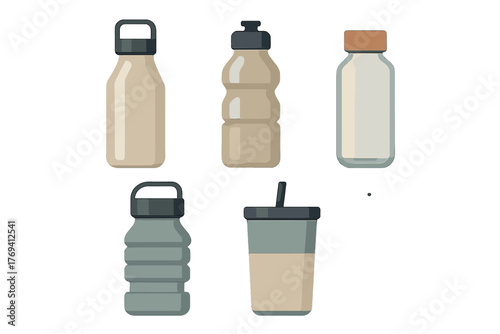 Set of reusable water bottles, travel cups, and drink containers rendered in a modern flat design