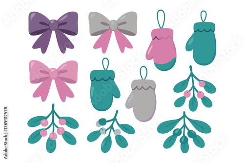 Colorful collection of winter holiday elements including decorative bows, hanging mittens, and mistletoe branches