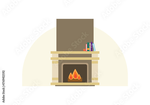 Flat vector illustration of a cozy fireplace with burning logs and books on the mantel. Home heating, comfort, and winter warmth concept