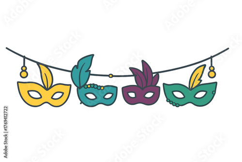 Vibrant carnival masquerade masks garland banner decoration for festive celebration party background