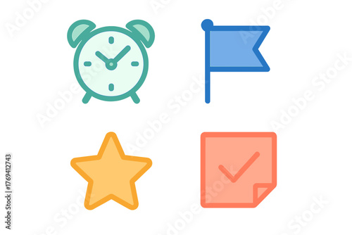 Productivity and time management icon set with alarm clock flag star and completed task note