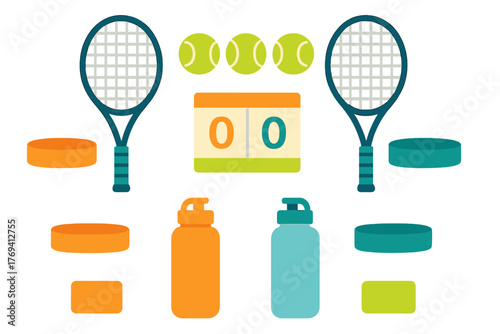 Collection of tennis rackets, yellow balls, score counter, and hydration bottles for sports