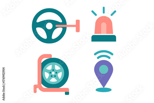Set of four transportation and safety icons: steering wheel lock, emergency siren, spare tire, and GPS location pin