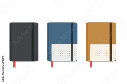Three closed journals with elastic bands and ribbon bookmarks in black blue and brown