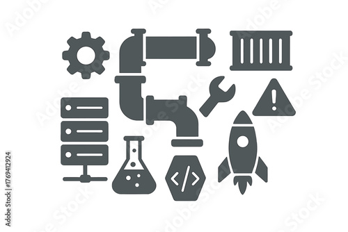 Technology and engineering icons set featuring data pipeline components, server racks, development tools