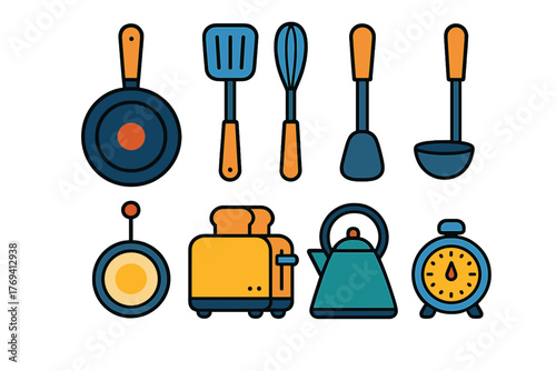 Colorful kitchen tools and appliances set including frying pan toaster kettle and timer
