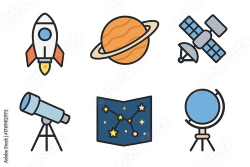 Space exploration and astronomy symbols featuring rocket, Saturn, satellite, telescope, and constellation chart