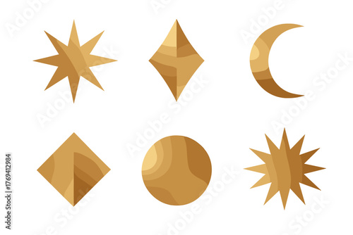 Golden celestial and geometric shapes set including stars crescent moon circle and rhombus