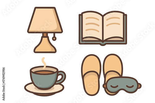 Cozy evening routine objects including lamp book hot drink slippers and sleep mask