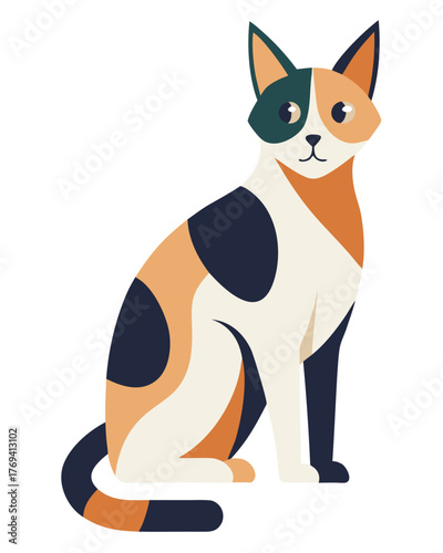 Calico cat sitting with a unique and beautiful coat pattern