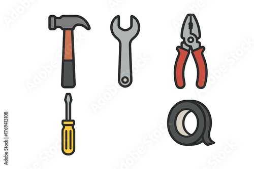 Essential hand tools for repair and construction: hammer, wrench, pliers, screwdriver, and tape