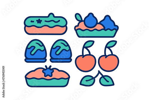 Colorful set of sweet desserts, pastries, and fresh fruits including pie, eclair, and cherries