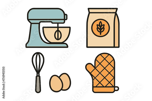 Kitchen baking equipment and ingredients set including stand mixer, flour bag, whisk, eggs, and oven mitt