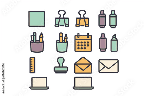 Collection of essential office supplies and stationery icons in a modern flat minimalist design style