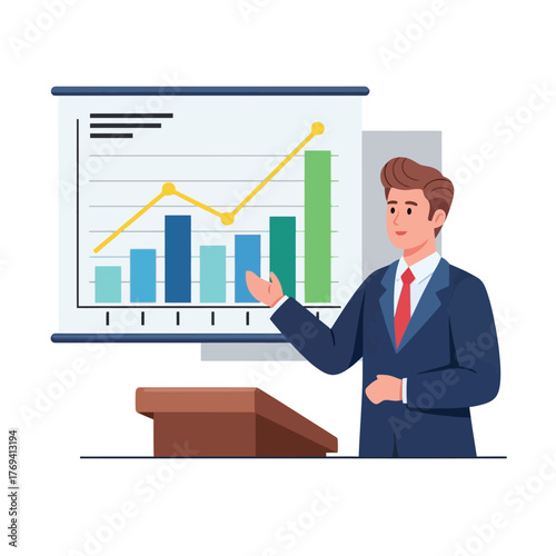 Confident businessman presents growing sales chart in modern office setting