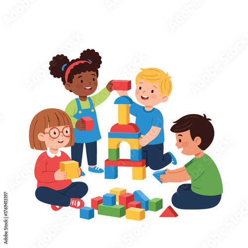 Diverse children happily building with colorful blocks, collaborating creatively.