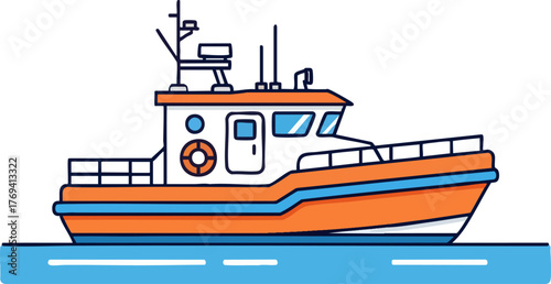Flat Line Art Rescue Boat on Water isolated on white backround