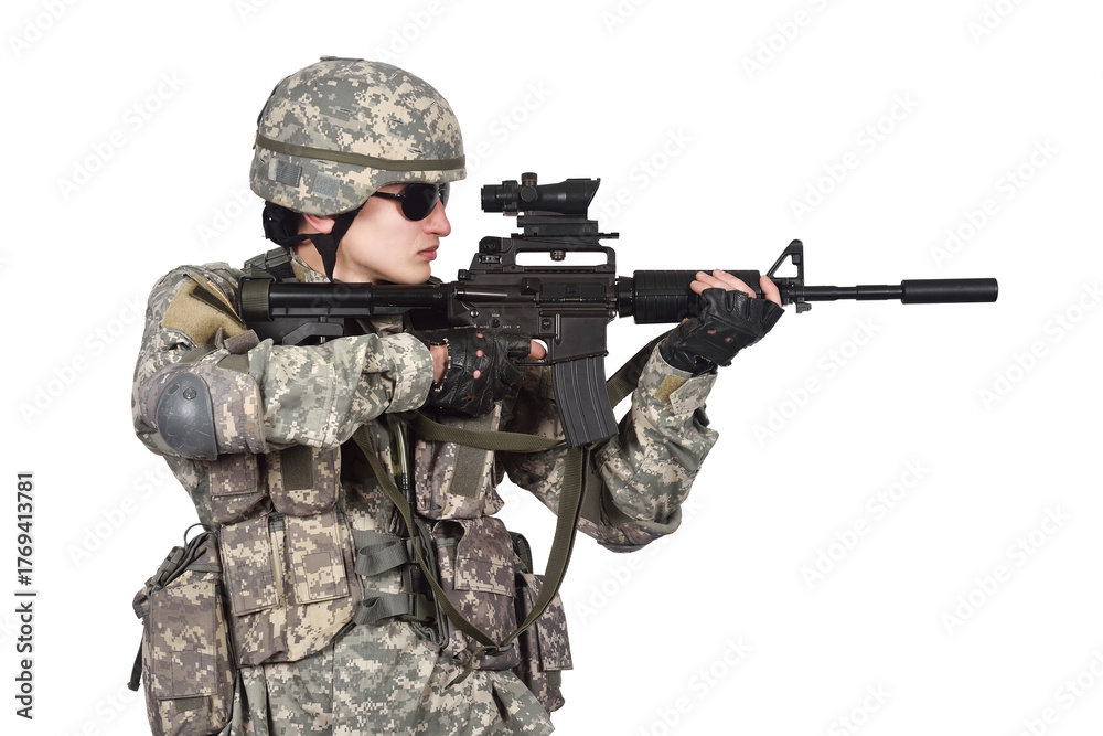 Naklejka premium Man in an American soldier's uniform holds a rifle and aims it.