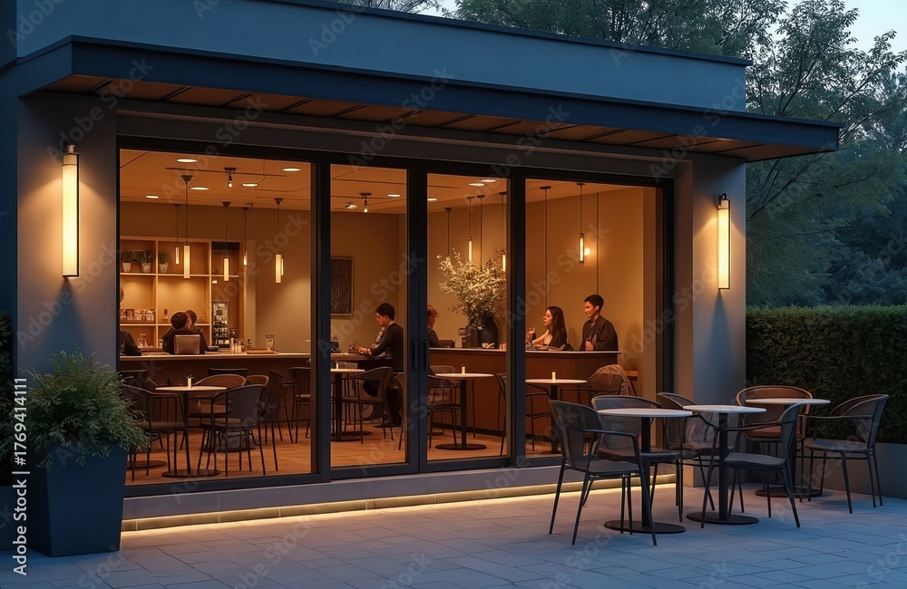 Fototapeta premium Minimalist cafe patio with tables, chairs glows in twilight. People sit inside cafe at bar, tables. Outdoor seating area offers calm evening atmosphere for guests. Warm lighting adds cozy ambiance.