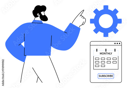 Man gesturing towards gear and subscription calendar emphasizes teamwork, systems, and organization. Ideal for workflow, productivity, planning, automation, subscription, strategy goal setting