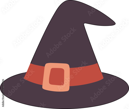 Flat vector illustration of a dark purple witch hat with a wide brim and an orange-red buckle, representing Halloween magic, witchcraft, and mystical fantasy in a simple modern styl