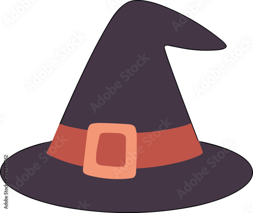  Flat vector illustration of a dark purple witch hat with a wide brim and an orange-red buckle, representing Halloween magic, witchcraft, and mystical fantasy in a simple modern style.