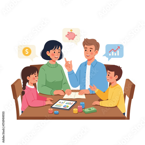 Family discusses finances, saving, and investing at home