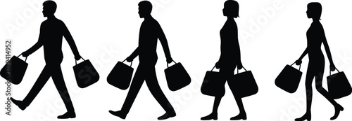 Walking silhouette, bag carrier, urban motion, human figure, black graphic, vector illustration, daily commute, lifestyle icon, posture design, city strideWalking silhouette, bag carrier,