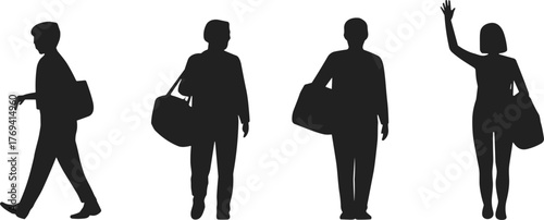 Human silhouette, walking pose, bag carrier, hand gesture, black graphic, vector illustration, lifestyle icon, urban motion, travel design, postureHuman silhouette, walking pose, 