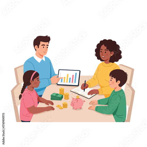 Family financial planning with kids, piggy bank, and growth chart
