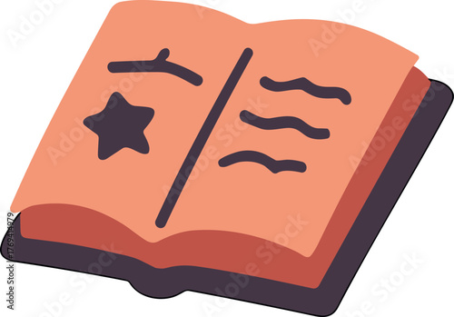 Flat minimalist illustration of an open spellbook with mystical symbols and a star, representing witchcraft knowledge, magic rituals, and Halloween mystery.