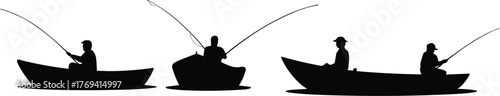 Fishing silhouette, boat angler, peaceful activity, black graphic, vector illustration, water sport, lake scene, rod casting, outdoor leisure, natureFishing silhouette, boat angler, peaceful activity,