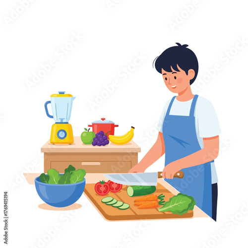 Young person happily prepares fresh healthy food in a modern kitchen
