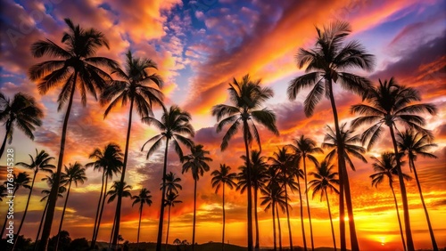 Silhouetted Palm Trees at Sunset A Vibrant Tropical Scene of Idyllic Peace and Tranquility