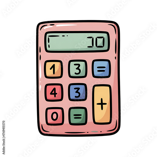 Hand-drawn pink calculator illustration, cute cartoon math tool with colorful buttons, electronic accounting device for school and business finance