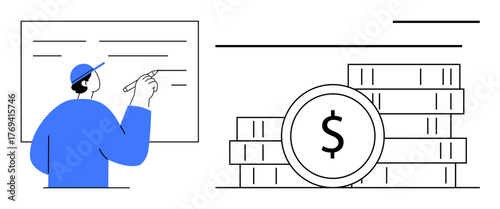 Person writing on a board near stacks of coins and a dollar sign, symbolizing financial planning, budgeting, investment, profit analysis, education, goal setting, and strategy. Simple flat metaphor