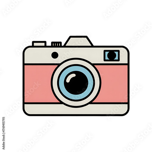 Retro pink film camera icon, vintage photography equipment illustration, flat vector analog camera isolated on white background
