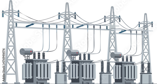 Electrical Substation with Transformers and Power Lines isolated on white backround