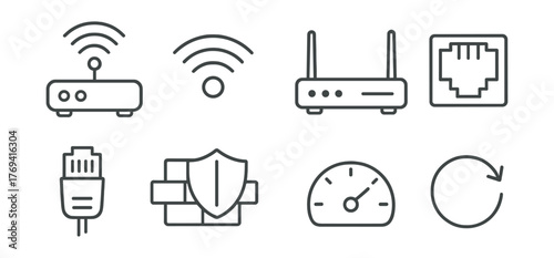 Set of icons for a computer network, including a router, a firewall