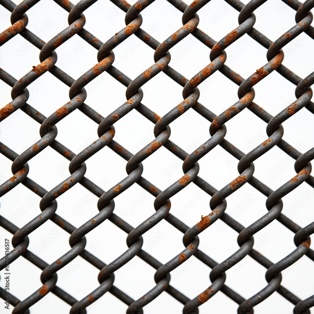 Naklejka premium Close up of rusty chain link fence texture. Diamond pattern metal grid shows signs of age and weathering. Outdoor barrier provides security and privacy.